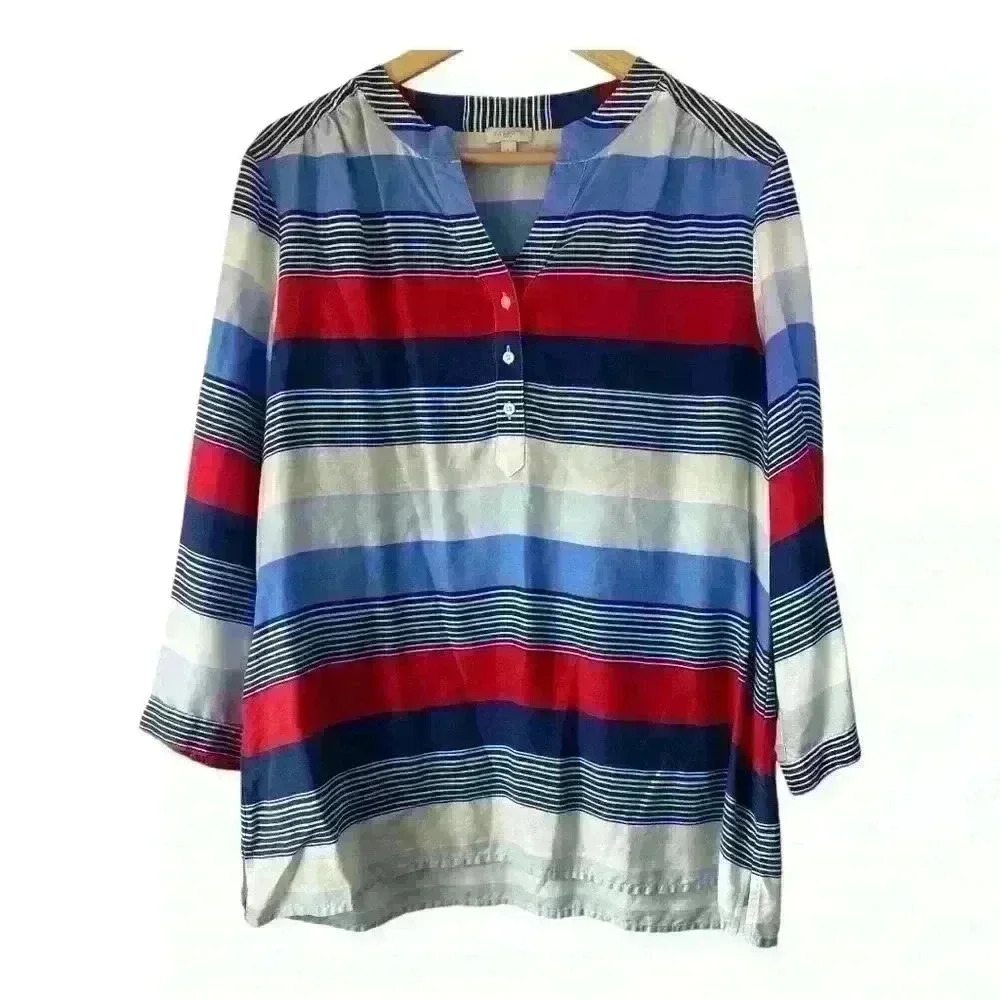 Talbots Women's Striped Button Up Long Sleeve Tunic L USA BBQ Beach Holiday